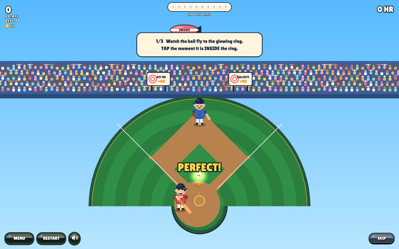 A PERFECT hit: the ball streaks toward center field with a distance readout