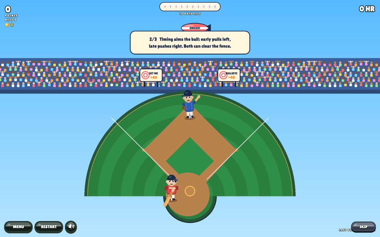 A pitch in flight toward the batter with the tutorial hint on screen