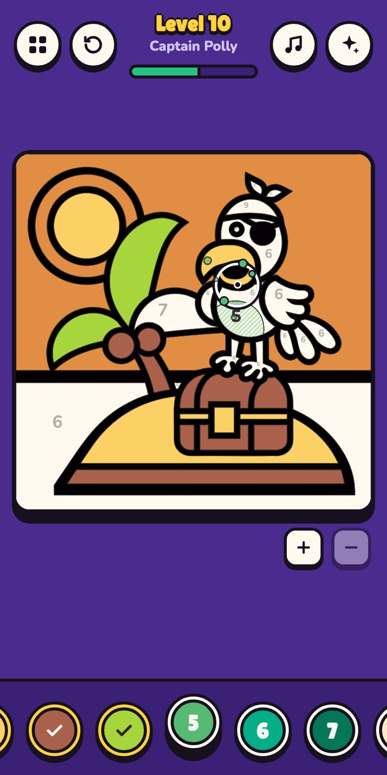 Painting a parrot on a treasure island, half of the areas already colored